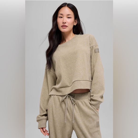 Alo Yoga Muse Ribbed Set Size S Crew Pullover + Wide Leg Pant Gravel Heather - Picture 2 of 11